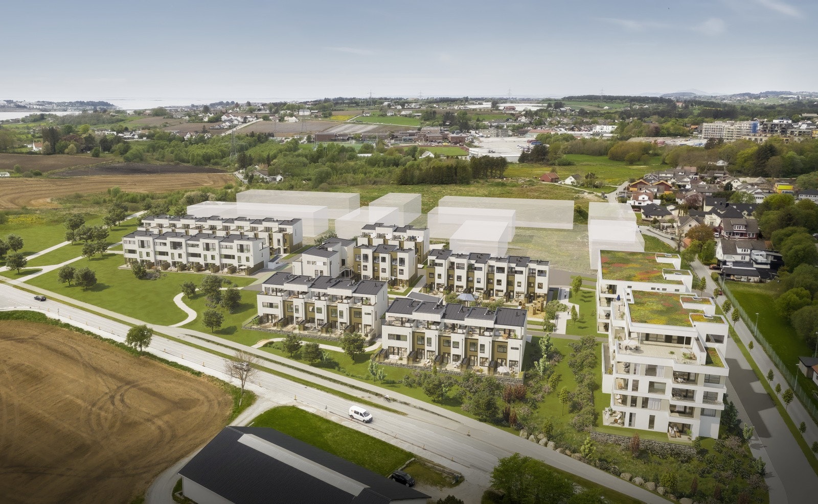 Hafrsby har bilfrie tun, med boder og p-plass for bil og sykler i garasjeanlegg under bakken. Galleribilde