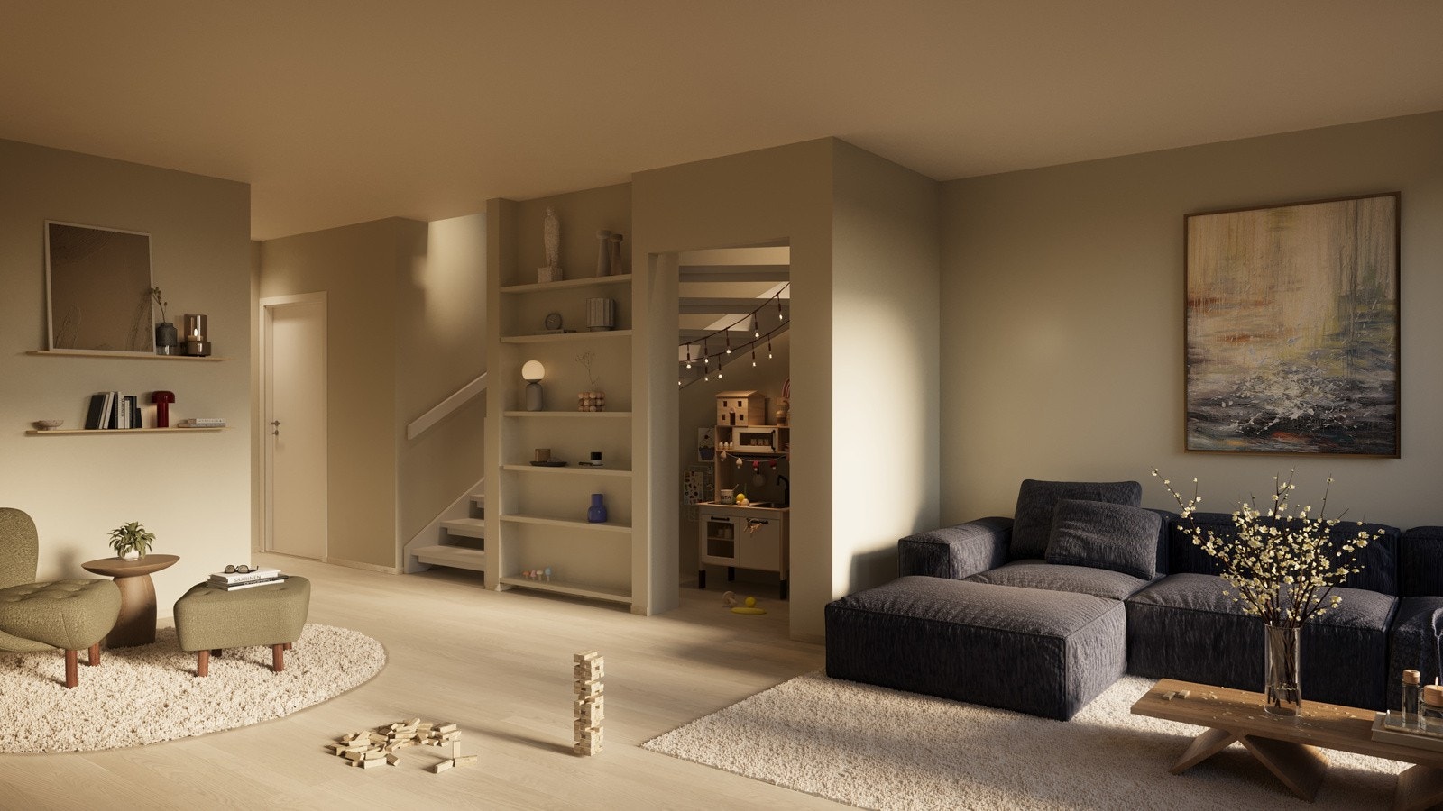 I og med at terrenget skråner, har boligene en underetasje. Fasaden med inngangsparti vender mot det grønne og trivelige fellesområdet. Etter å ha parkert sykkelen i boden i gårdsrommet, trer du inn i 1. etasje. Galleribilde