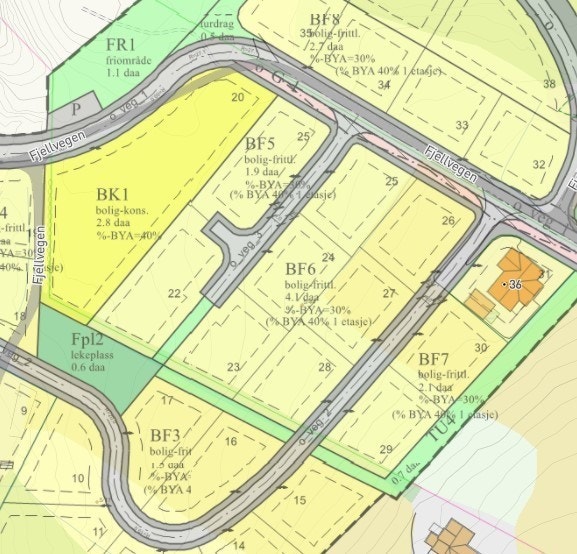 Det er planlagt to stk firemannsboliger plassert øverst i feltet på BKS1 Galleribilde