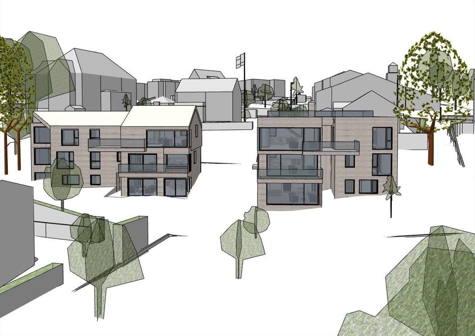 Visualisering fasader med areal foran regulert til fri-/grøntareal - grov skisse med forbehold om avvik/endringer Galleribilde