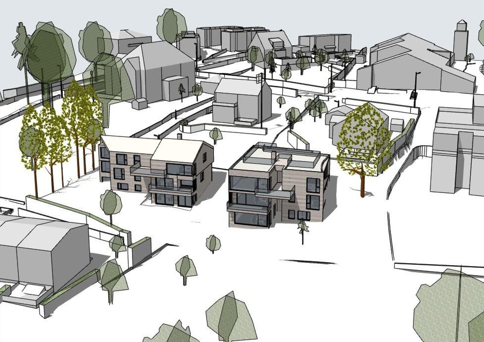Visualisering fasader med areal foran regulert til fri-/grøntareal - grov skisse med forbehold om avvik/endringer Galleribilde