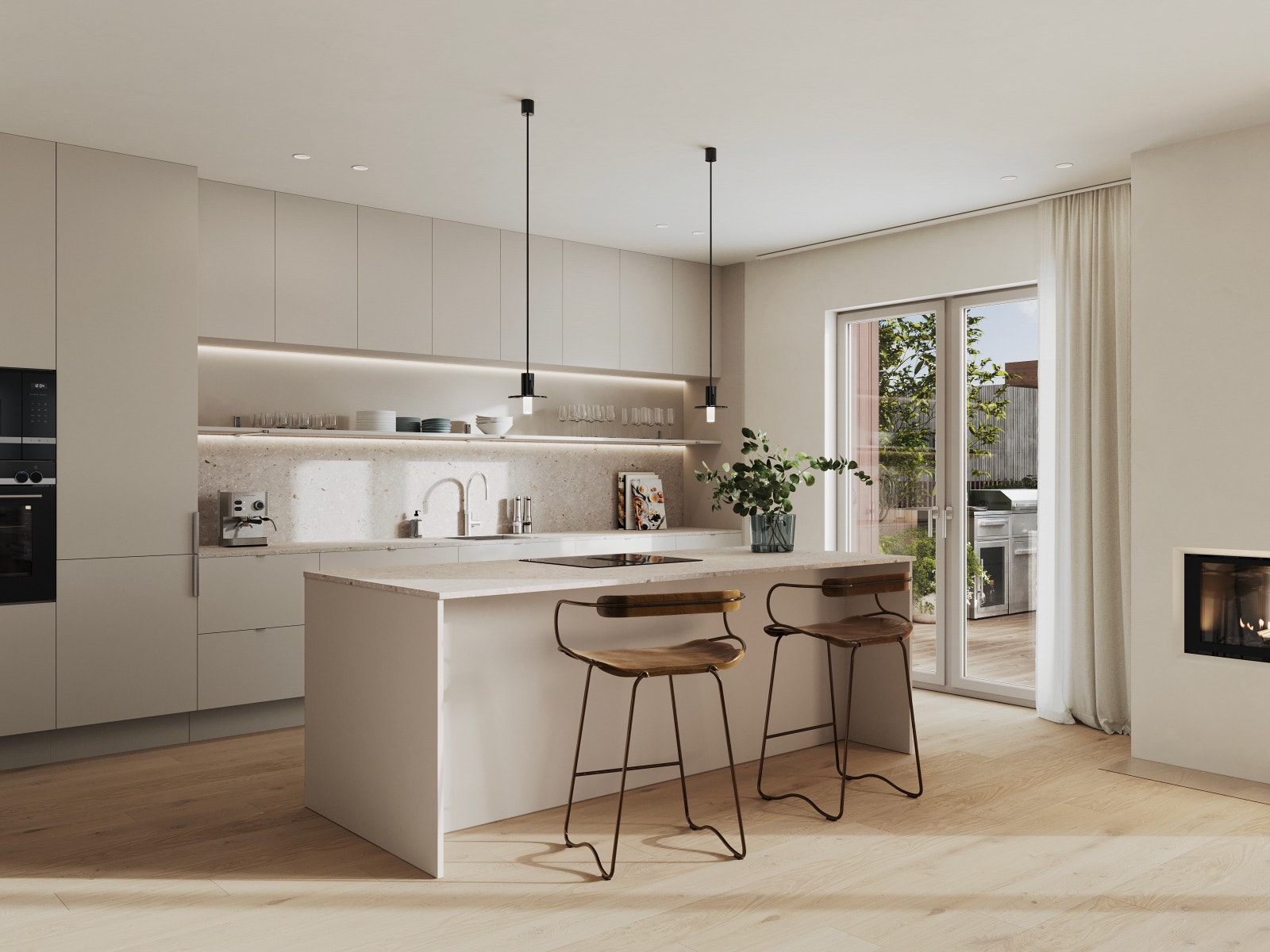 Leiligheten har et lekkert kjøkken med øy og god plass til spisebord. Dette er en illustrasjon, og avvik kan forekomme. Galleribilde