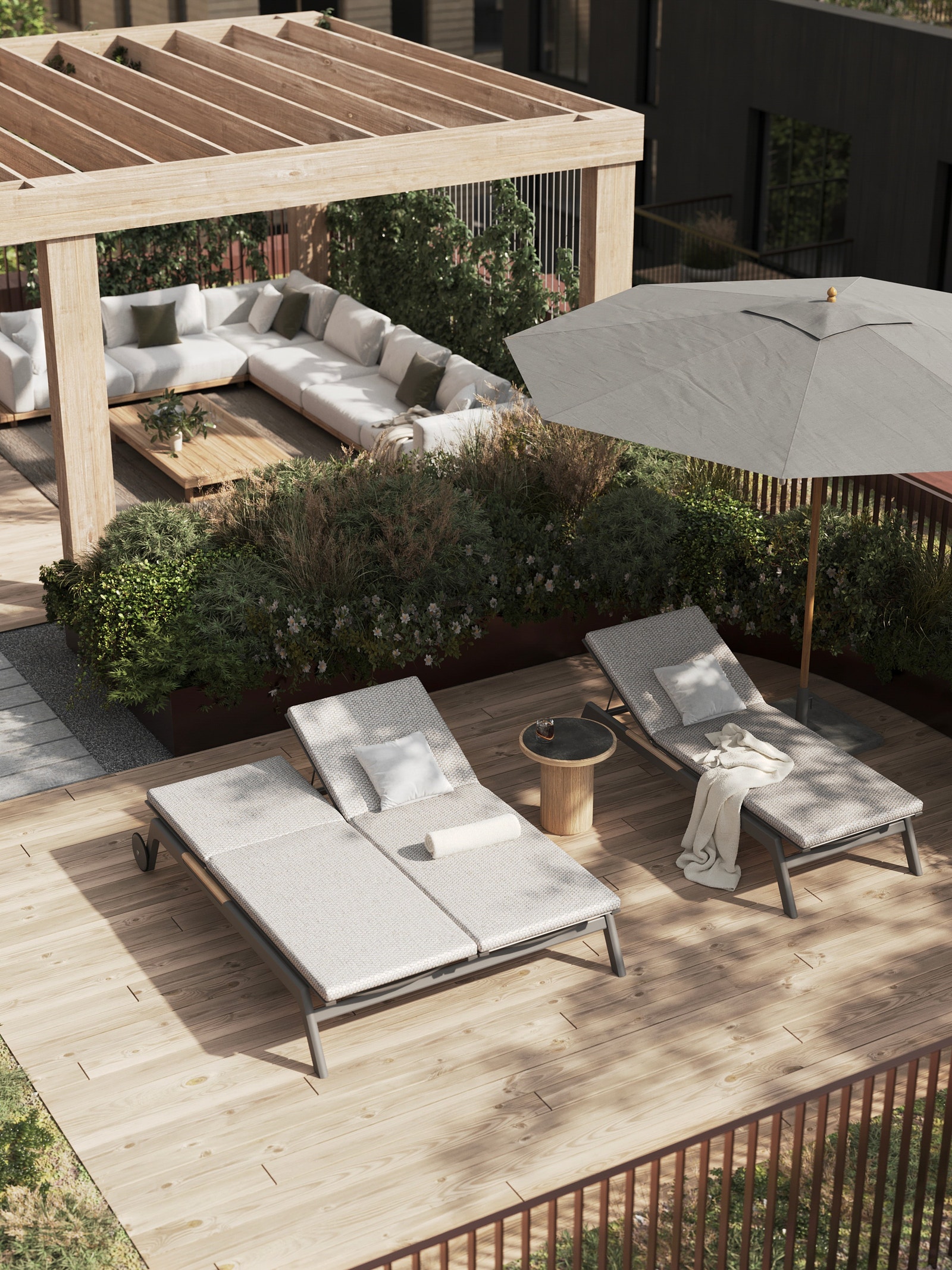 Takterrassene har kvaliteter som utekjøkken, pergola, frodig beplantning, flere sosiale soner til både soling, avslapping og hyggelige måltider. Dette er en illustrasjon, og avvik kan forekomme. Galleribilde