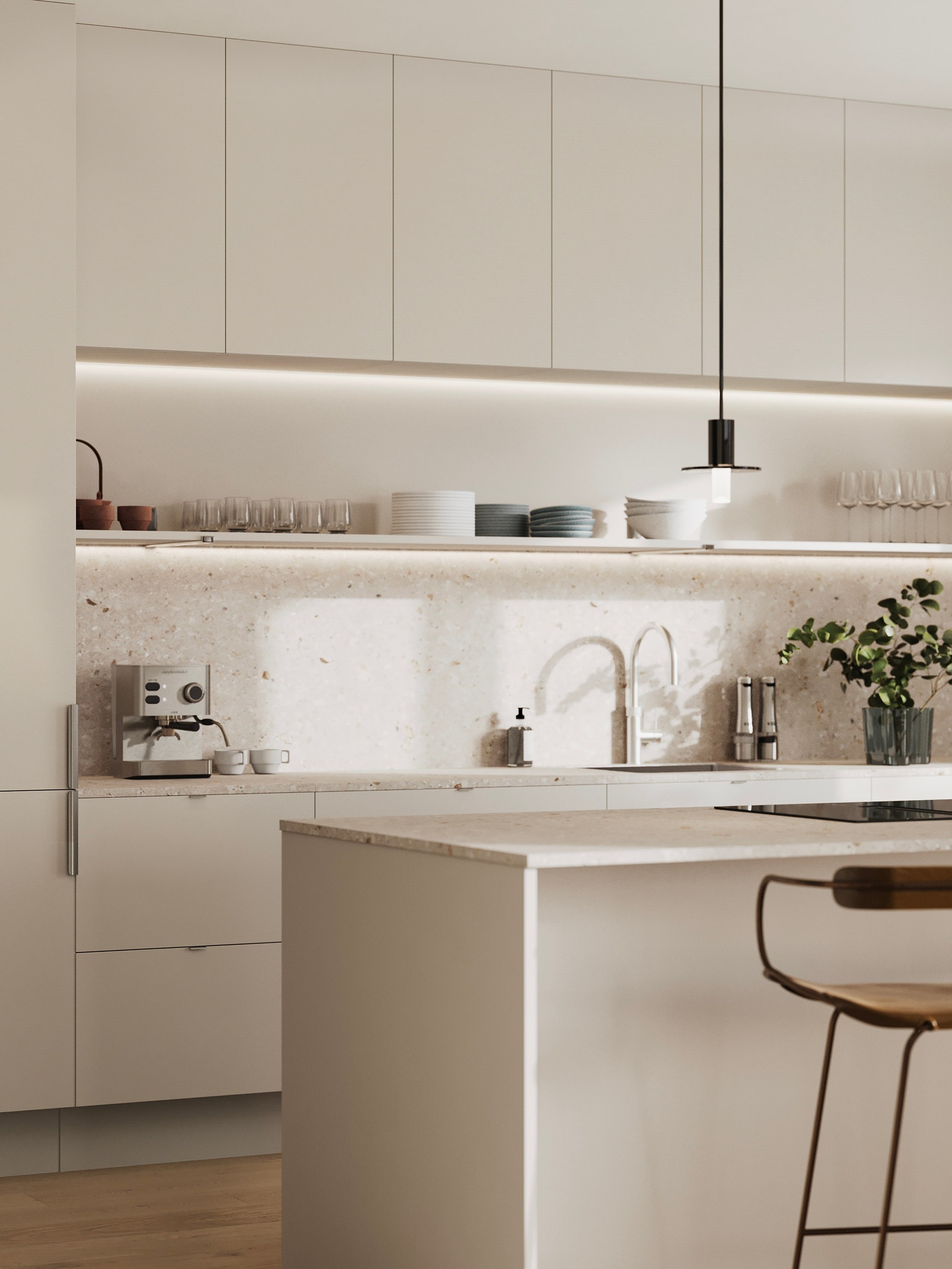 Kjøkkenet samt resten av leiligheten har flotte detaljer. Dette er en illustrasjon, og avvik kan forekomme. Galleribilde