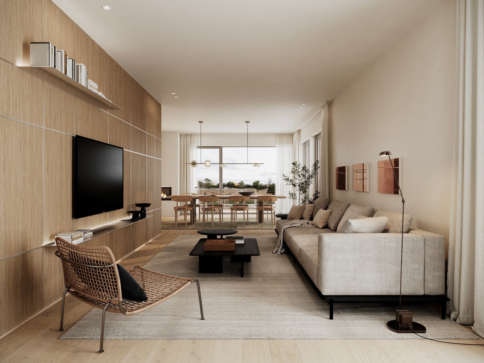 Stuen får god plass til sofagruppe og utgang til den andre takterrassen, som blir en naturlig forlengelse av stuen. Dette er en illustrasjon, og avvik kan forekomme. Galleribilde