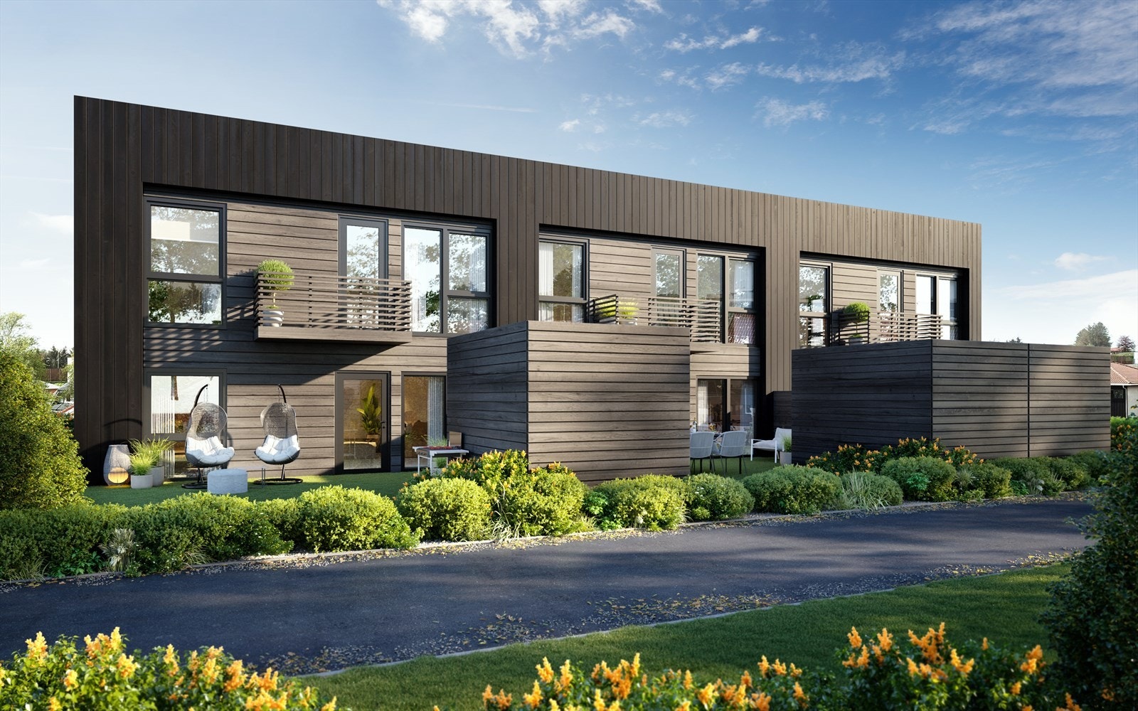 3 kjekke rekkehus med gode kvaliteter og gjennomtenk planløsning. Her får man gode solforhold på dagtid, ettermiddag og kveld. Galleribilde