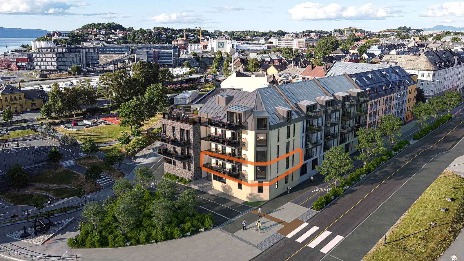 Fasade - og områdebilde med leilighetens beliggenhet markert. Illustrasjon, avvik vil forekomme. Galleribilde