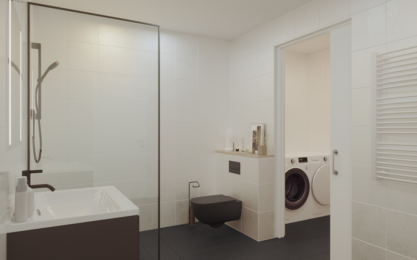 Alle badene blir flislagt både på gulv og vegger, mens dusjhjørne får mosaikkfliser i dusjsone på gulv. Også her går de sorte detaljene igjen på glassdører til dusj, dusjgarnityr, håndvask, m.m. Galleribilde