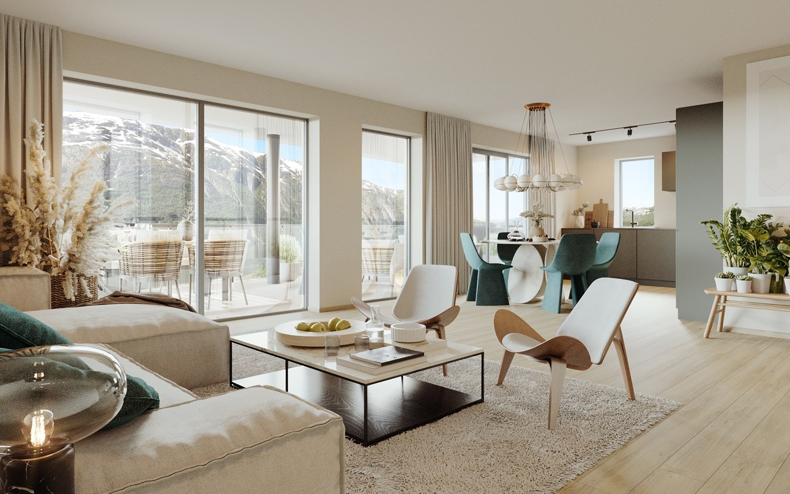 Innvendig leveres det bl.a. vannbåren varme i gulv på gang, stue/kjøkken, 1-stavs wide/long høytrykkslaminat/parkett og malte, slette gipsvegger. Listefritt, med unntak av gulvlist som blir i lik farge som gulvet. Galleribilde