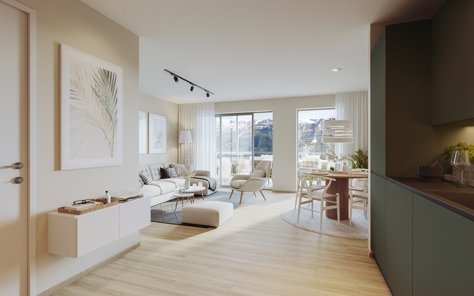 Dette er visualisering fra de minste leilighetene med ett soverom. Også disse har en god planløsning med stor terrasse foran hele leiligheten. Galleribilde