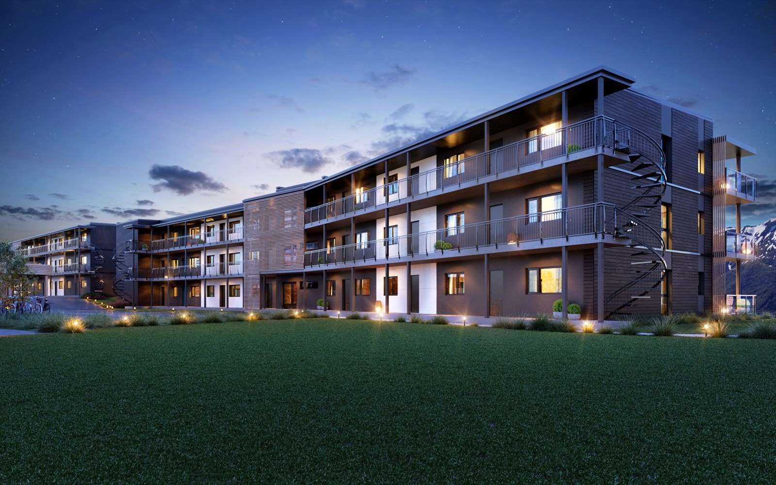 Det blir heis i felles trapperom, videre svalganger til de respektive leilighetene og carporter med sportsbod til alle leiligheter. Opparbeidet tomt med asfalterte veier og flotte grøntområder. Galleribilde