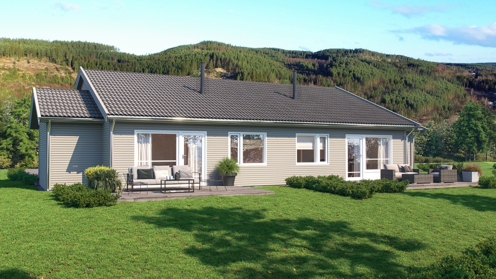 Boligen kommer med alle funksjoner på ett plan og romslige uterom. Bildet er en illustrasjon og kan fravike fra endelig leveranse Galleribilde