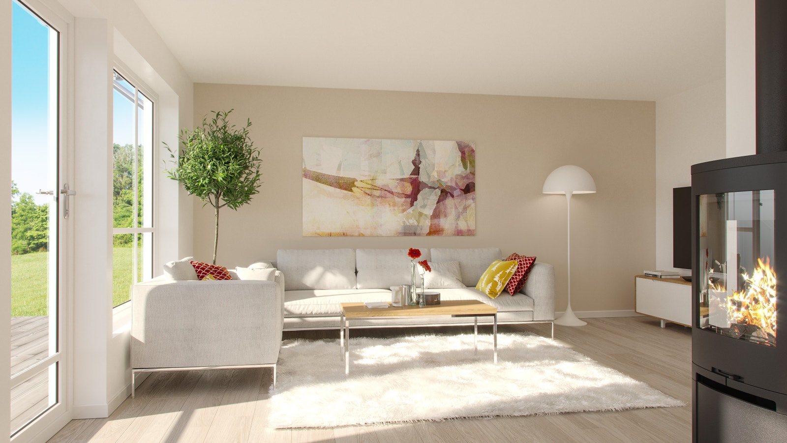 Stuen er romslig og har direkte utgang til platting og grøntarealet. Bildet er en illustrasjon og kan fravike fra endelig leveranse Galleribilde