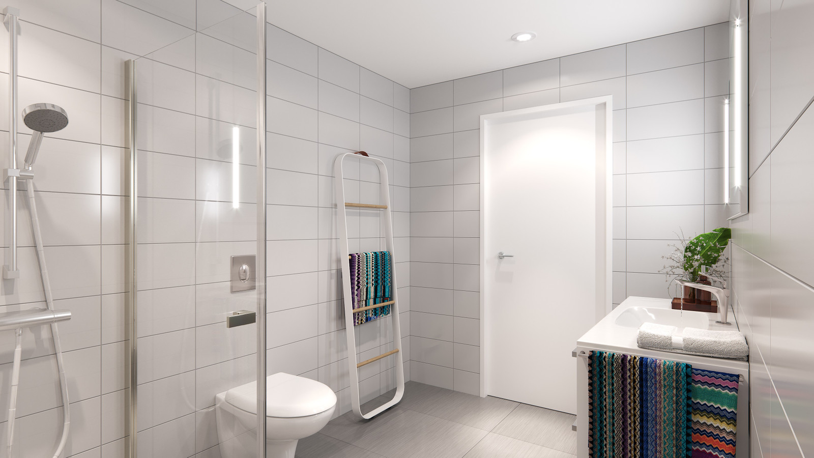 Badet kommer med keramiske fliser som standard og baderomsplater på vegg. Kjøper står fritt til å velge innhold, omfang og standard på badet. Bildet er en illustrasjon og kan fravike fra endelig leveranse
