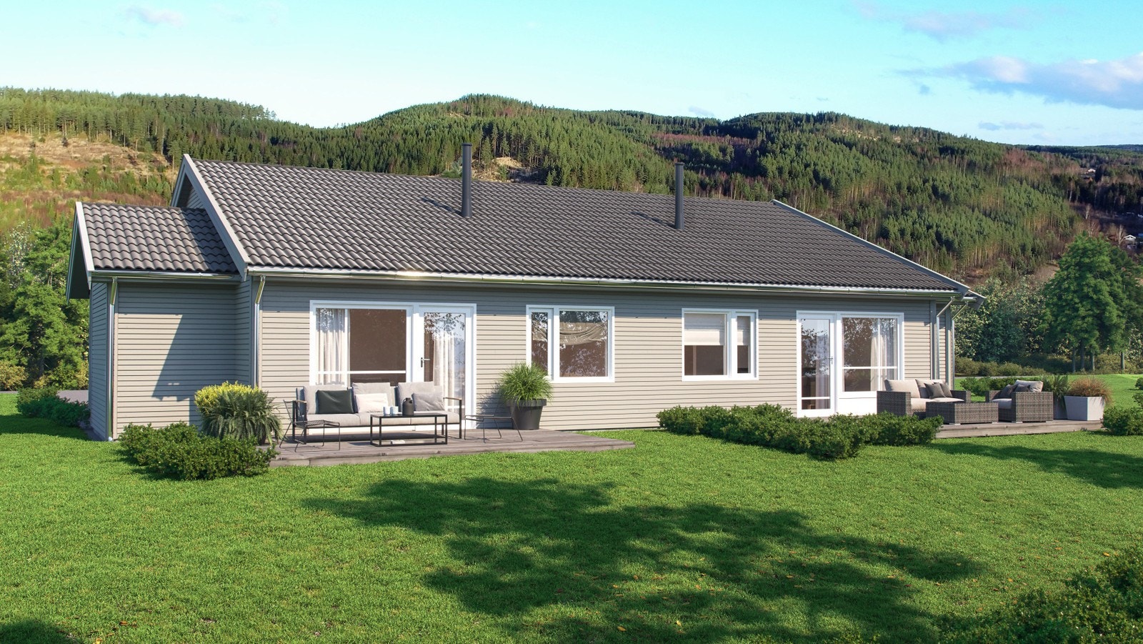 Boligen kommer med alle funksjoner på ett plan og romslige uterom. Bildet er en illustrasjon og kan fravike fra endelig leveranse Galleribilde