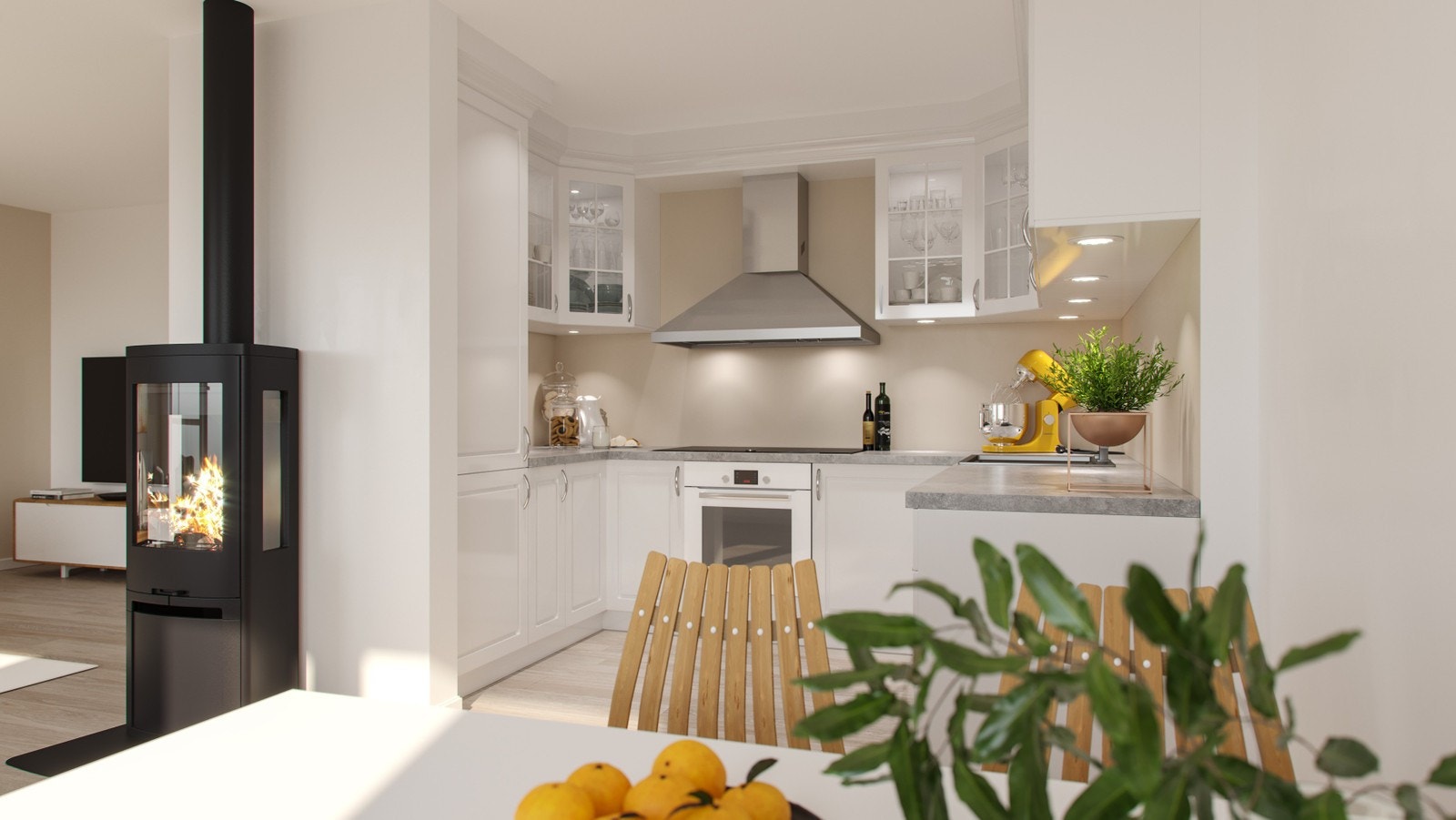 På kjøkkenet har du som kjøper mulighet til å oppgradere/gjøre tilpasninger selv. Bildet er en illustrasjon og kan fravike fra endelig leveranse Galleribilde