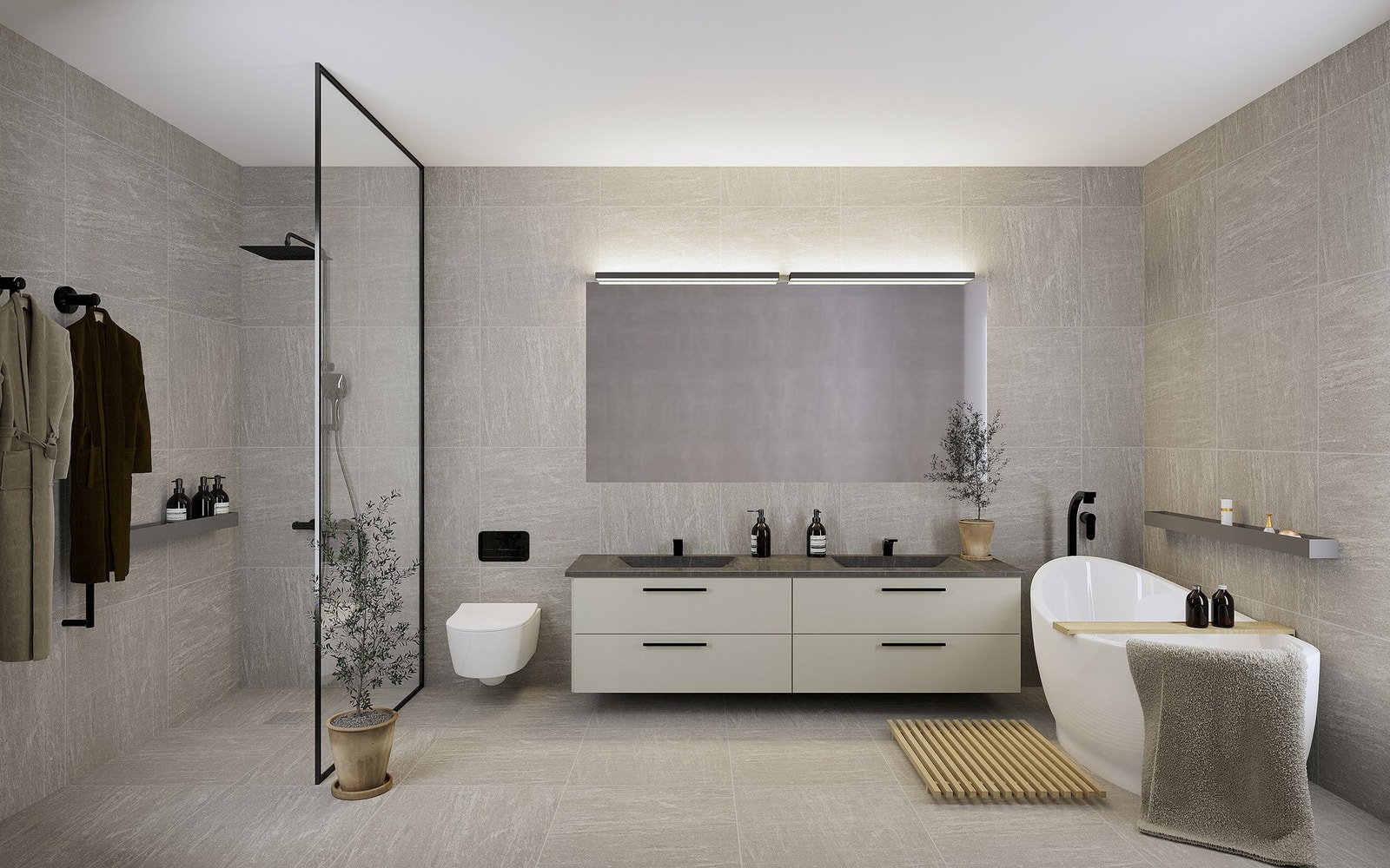 Flotte plassbygde bad med 60x60cm flis - Illustrasjon fra en annen leilighet i samme prosjekt. Galleribilde