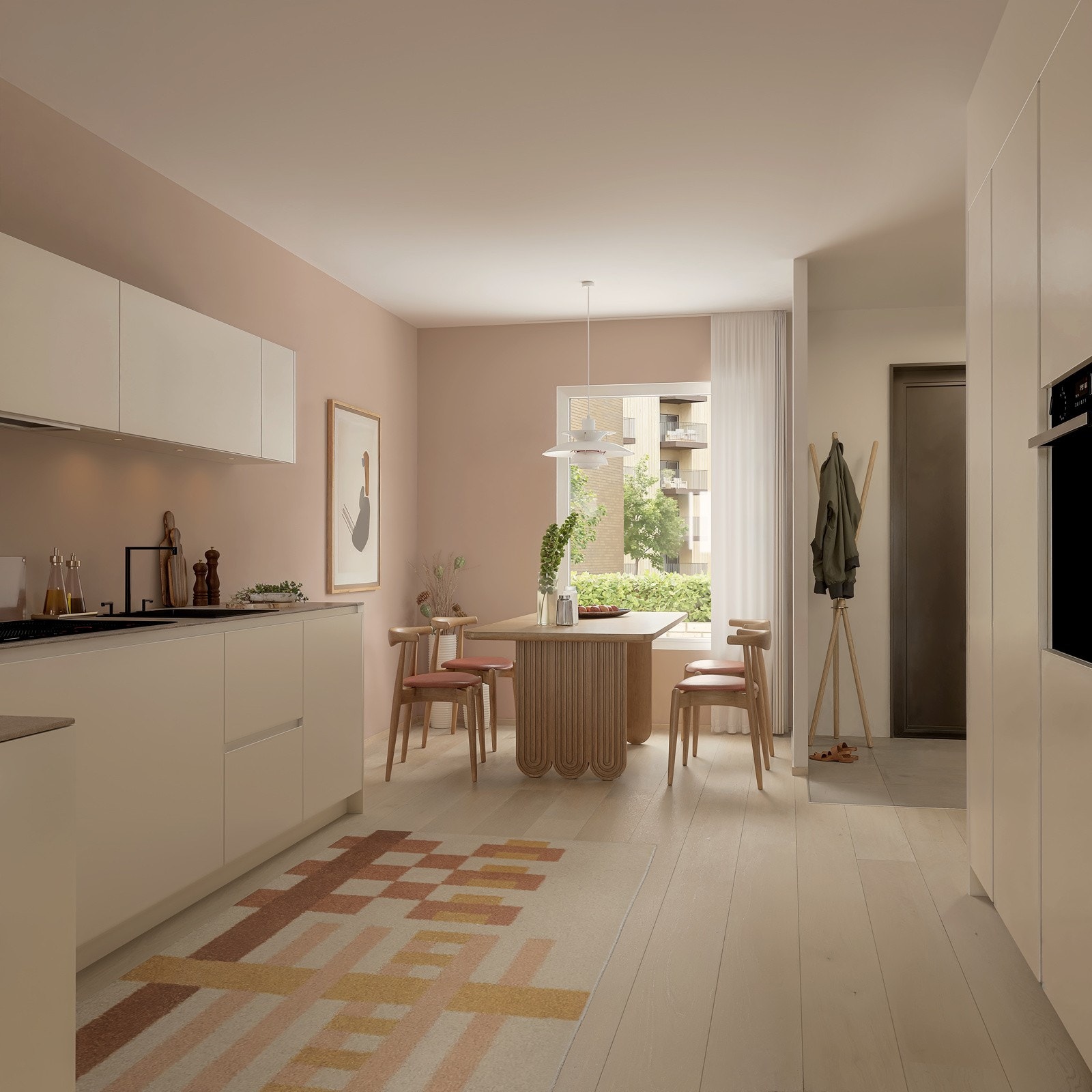 Kjøkken med hyggelig spiseplass med vindu inn mot tunet mellom byggene. Illustrasjon, avvik vil forekomme. Galleribilde