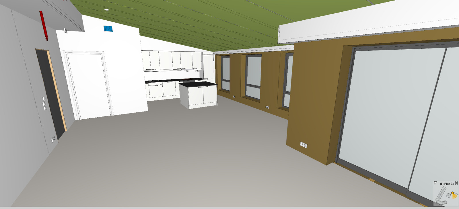 Skråsnitt av den åpne stue-/kjøkkenløsningen. Illustrasjon, avvik vil forekomme. Galleribilde