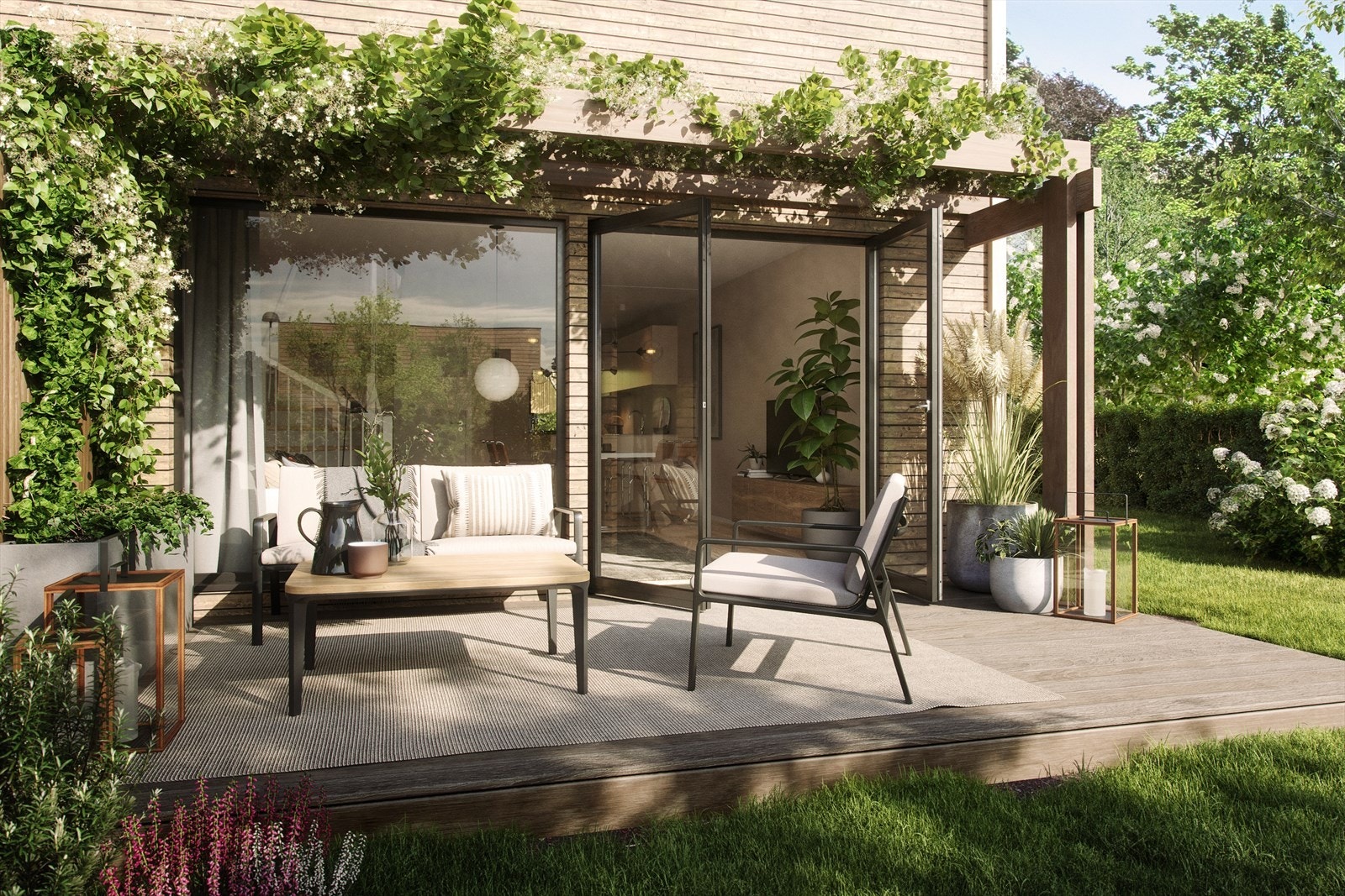 Terrasse med pergola og tett tak over deler av uteplassen. Illustrasjon, avvik kan forekomme. Galleribilde