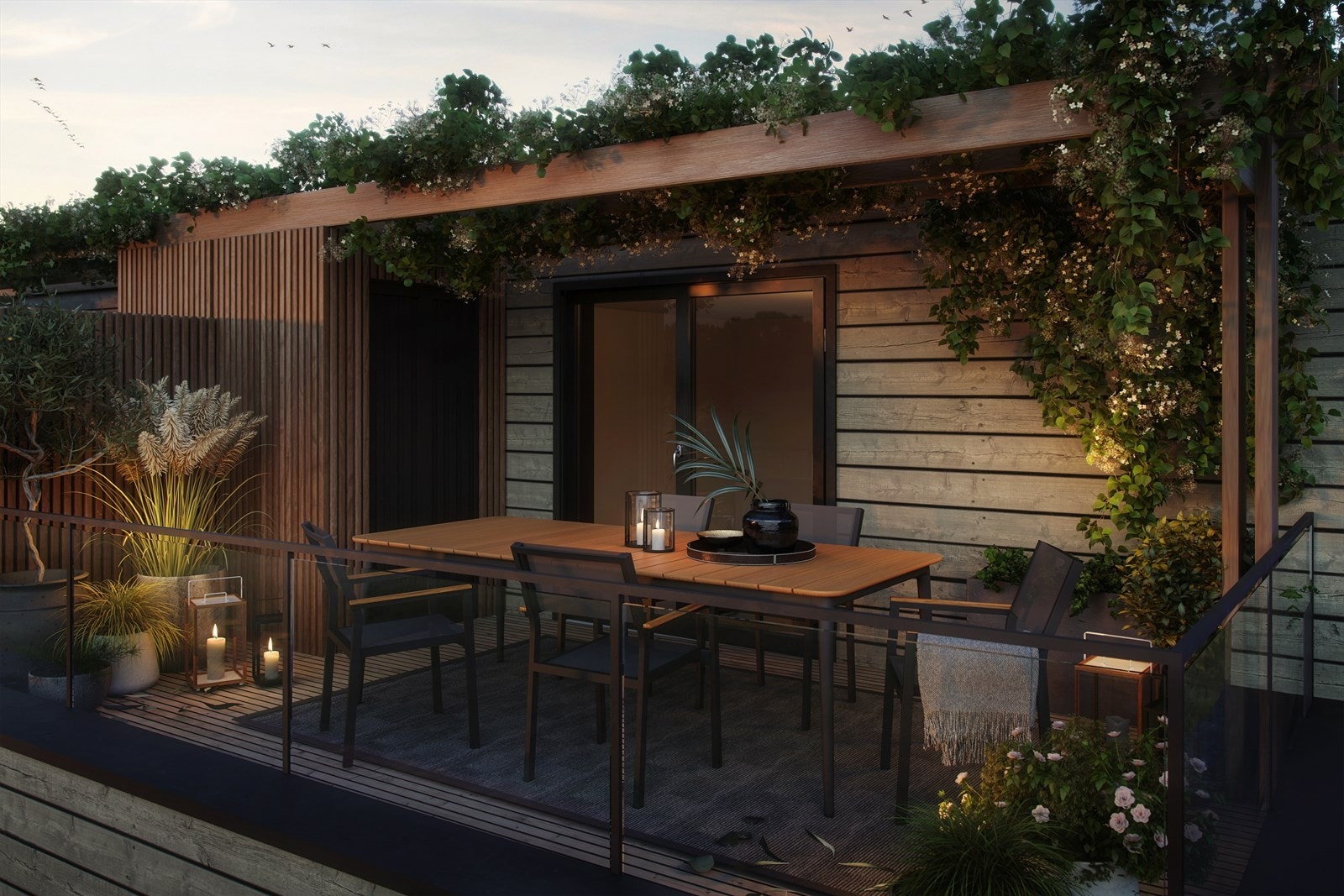 Takterrasse med pergola og bod. Illustrasjon, avvik kan forekomme. Galleribilde