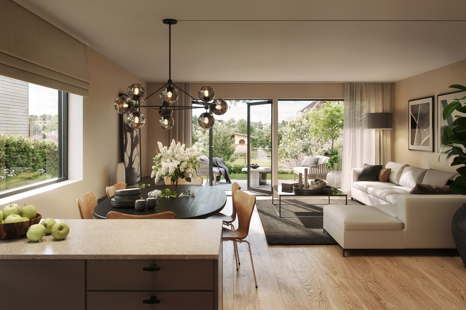 Tomannsbolig - stue sett fra kjøkken. Illustrasjon, avvik kan forekomme. Galleribilde