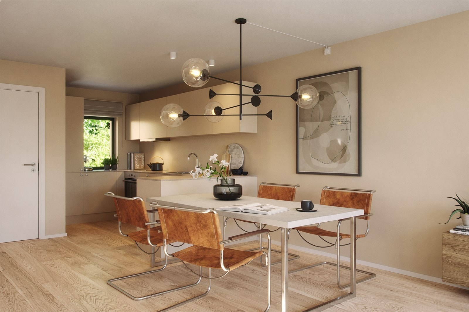 Rekkehus - kjøkken og spiseplass. Illustrasjon, avvik kan forekomme. Galleribilde