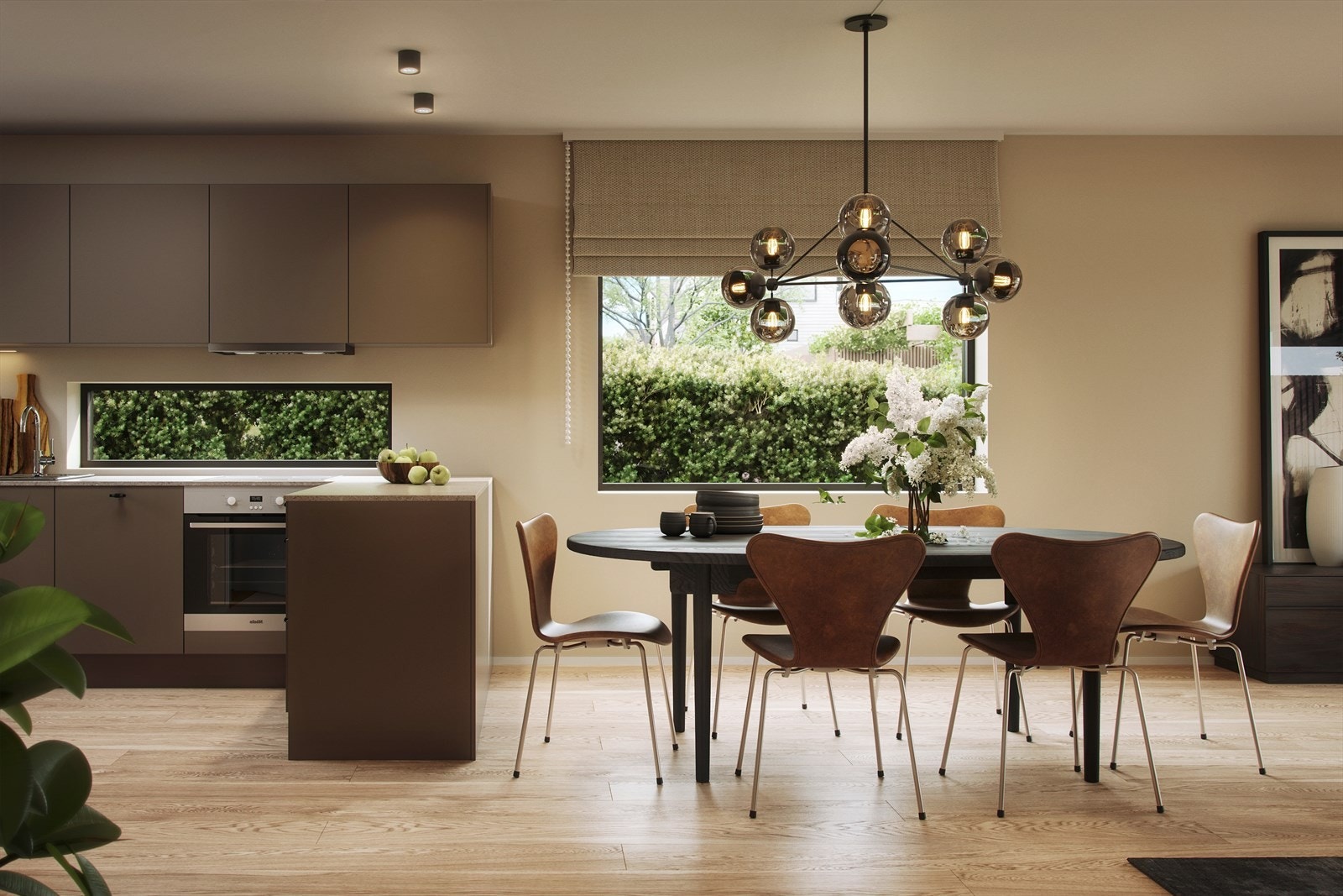 Tomannsbolig - spiseplass og kjøkken. Illustrasjon, avvik kan forekomme. Galleribilde