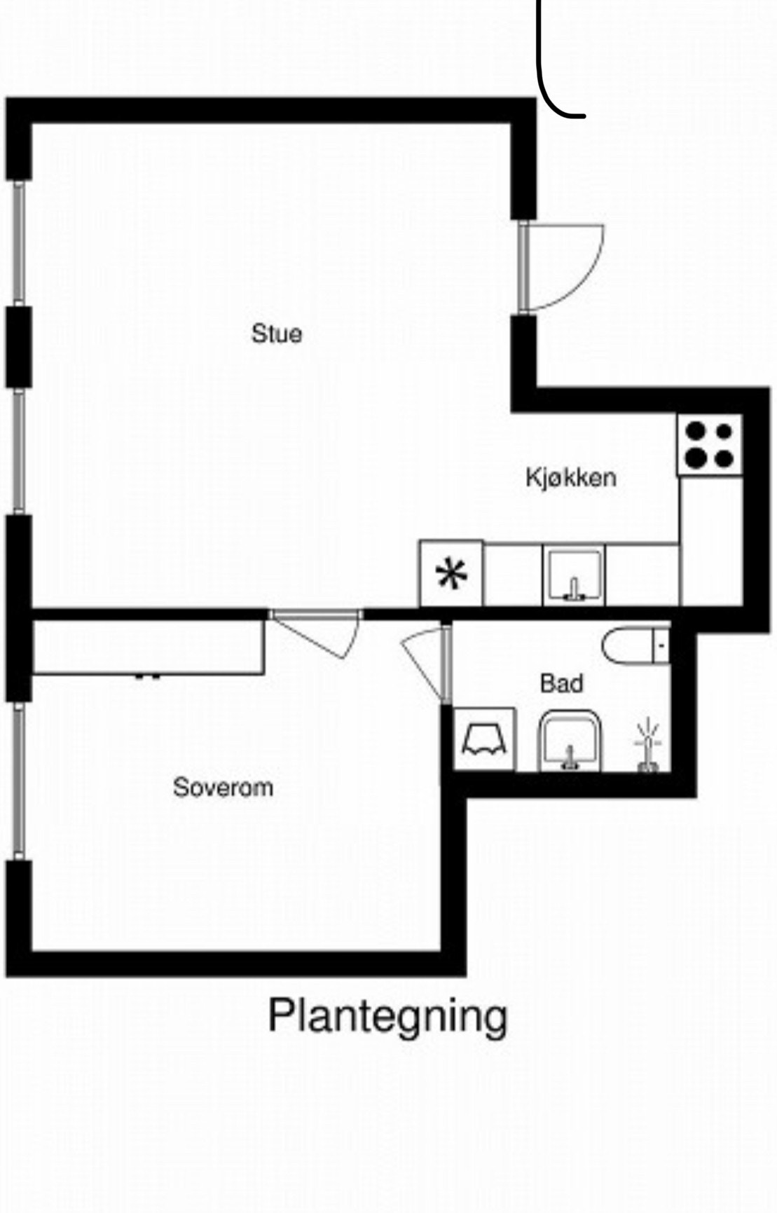 Plantegning. Lettvegg mellom stue og gang er satt opp i ettertid Galleribilde