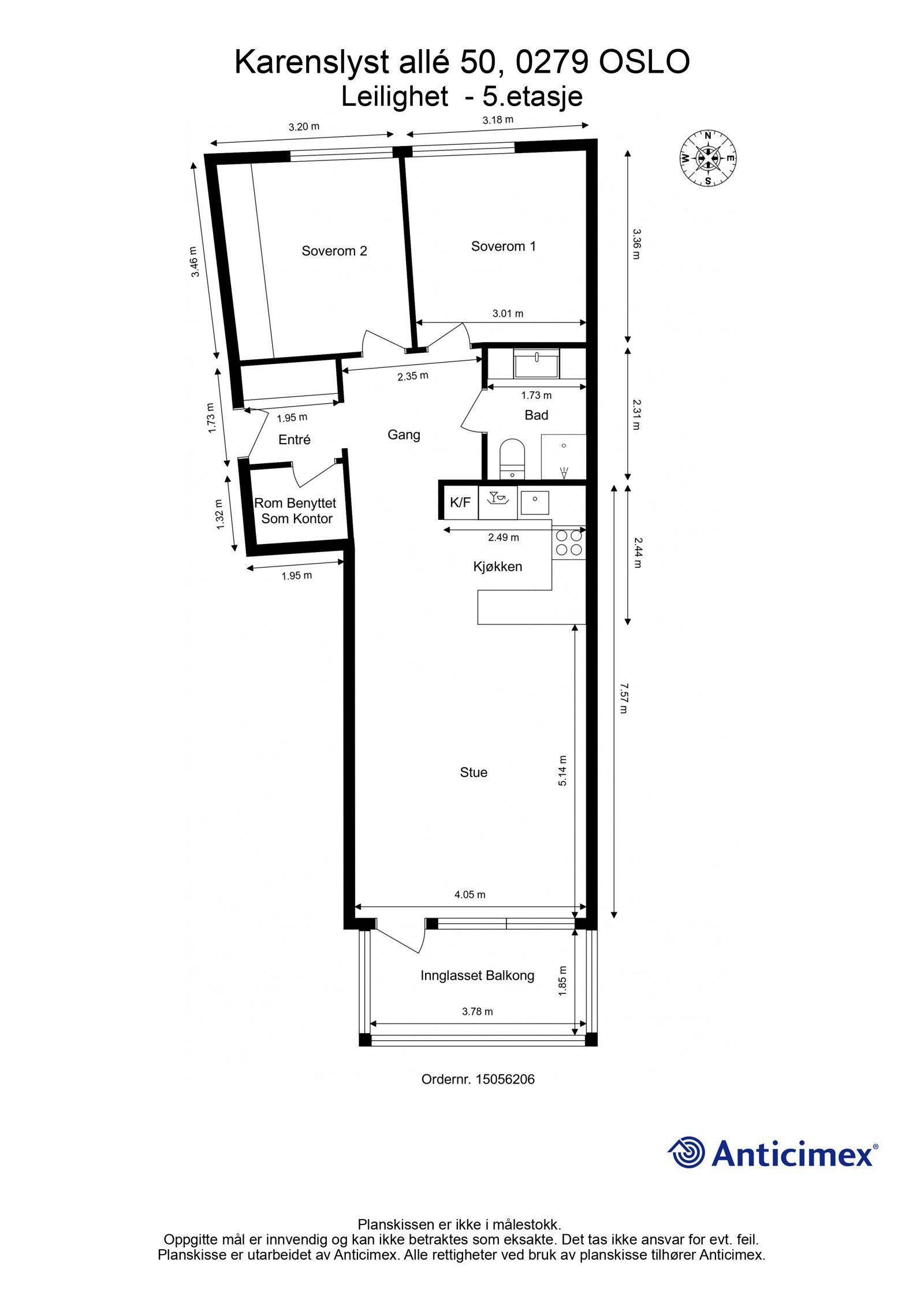 Leiligheten har en optimal planløsning hvor soverom er samlet i den ene enden, og den sosiale sonen er i den andre. Galleribilde