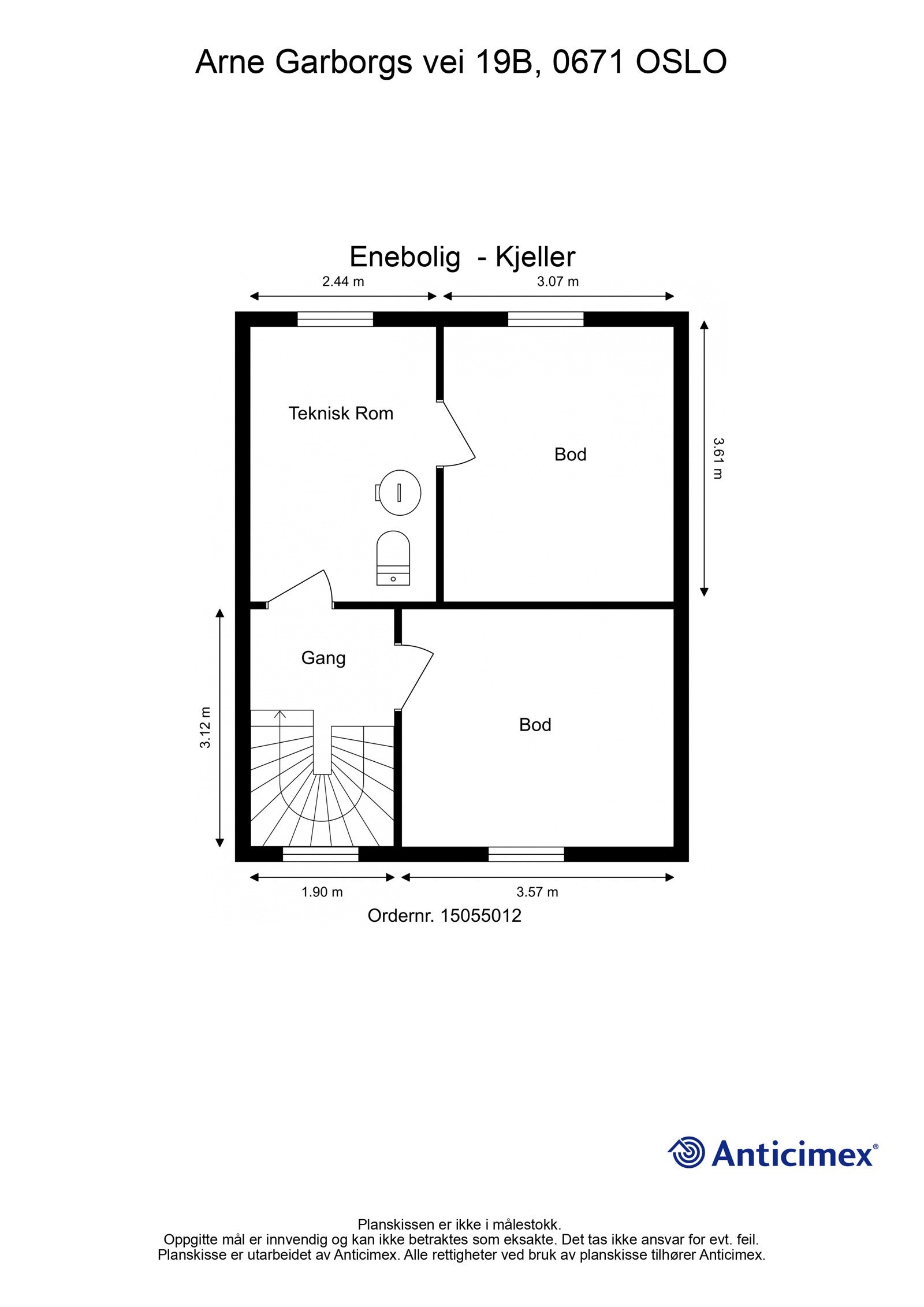 Kjeller (BRA-i på 38 kvm) består av 2 boder, teknisk rom og gang. Galleribilde