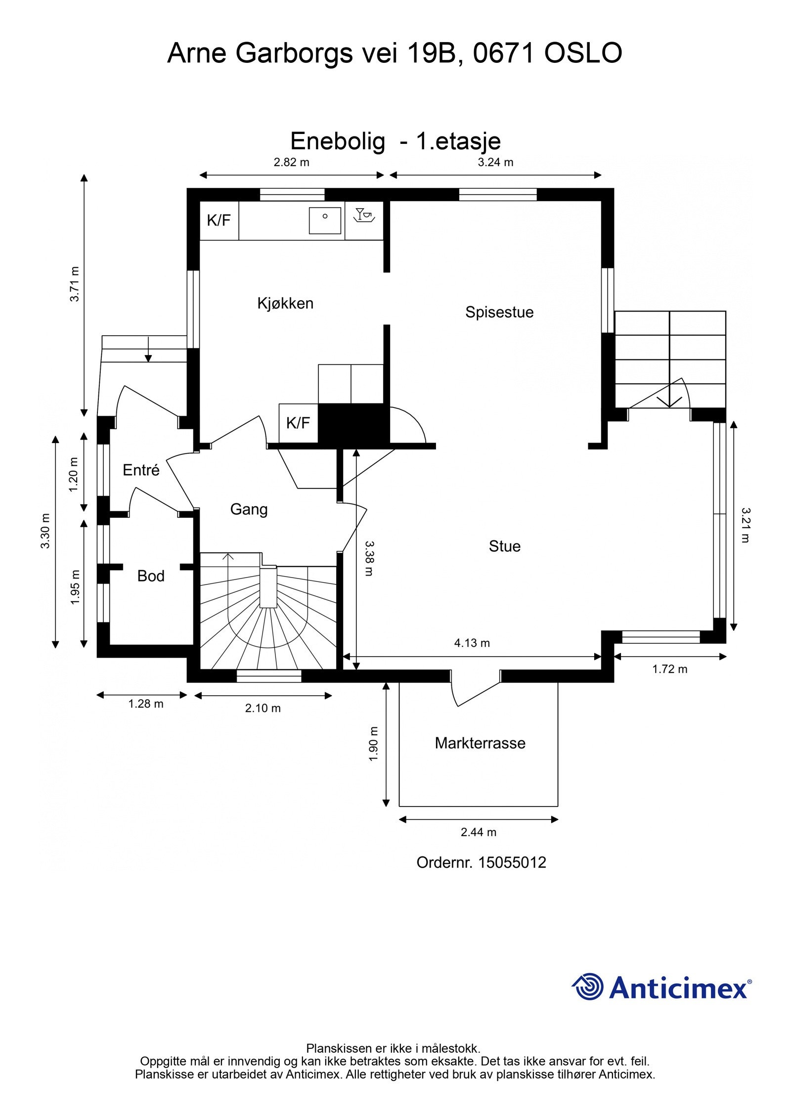1. etasje (BRA-i på 55 kvm) består av entré, bod, kjøkken, spisestue, gang og stue. Herfra har du også utgang til hagen. Galleribilde
