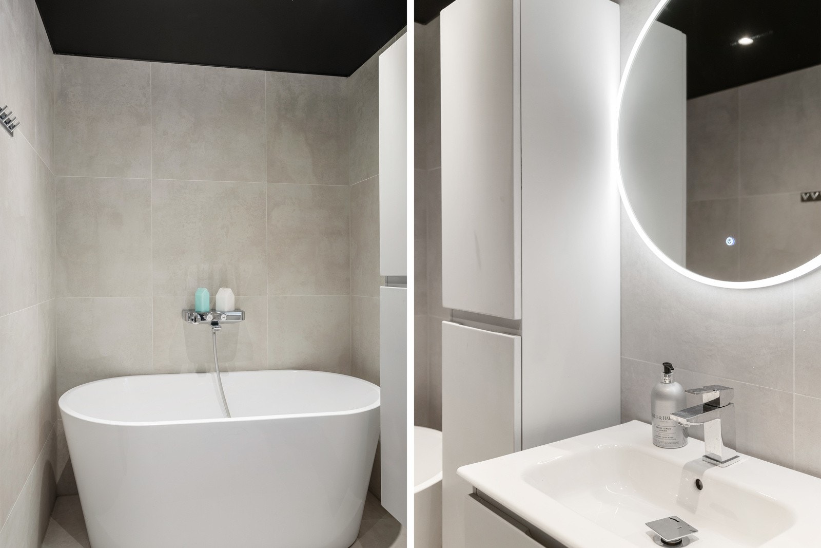 Baderomsinndreningen er fra Megaflis og består av veggmontert innredning. Det er også frittstående badekar, her kan man godt nyte hjemmespaet. Galleribilde