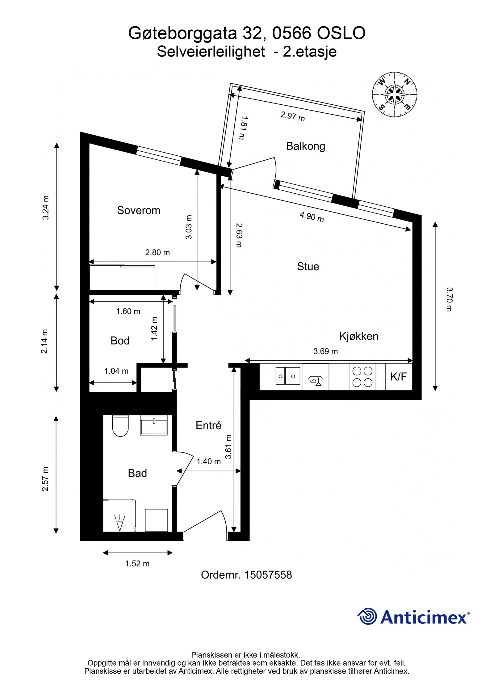 Plantegning med mål og kompass. Galleribilde