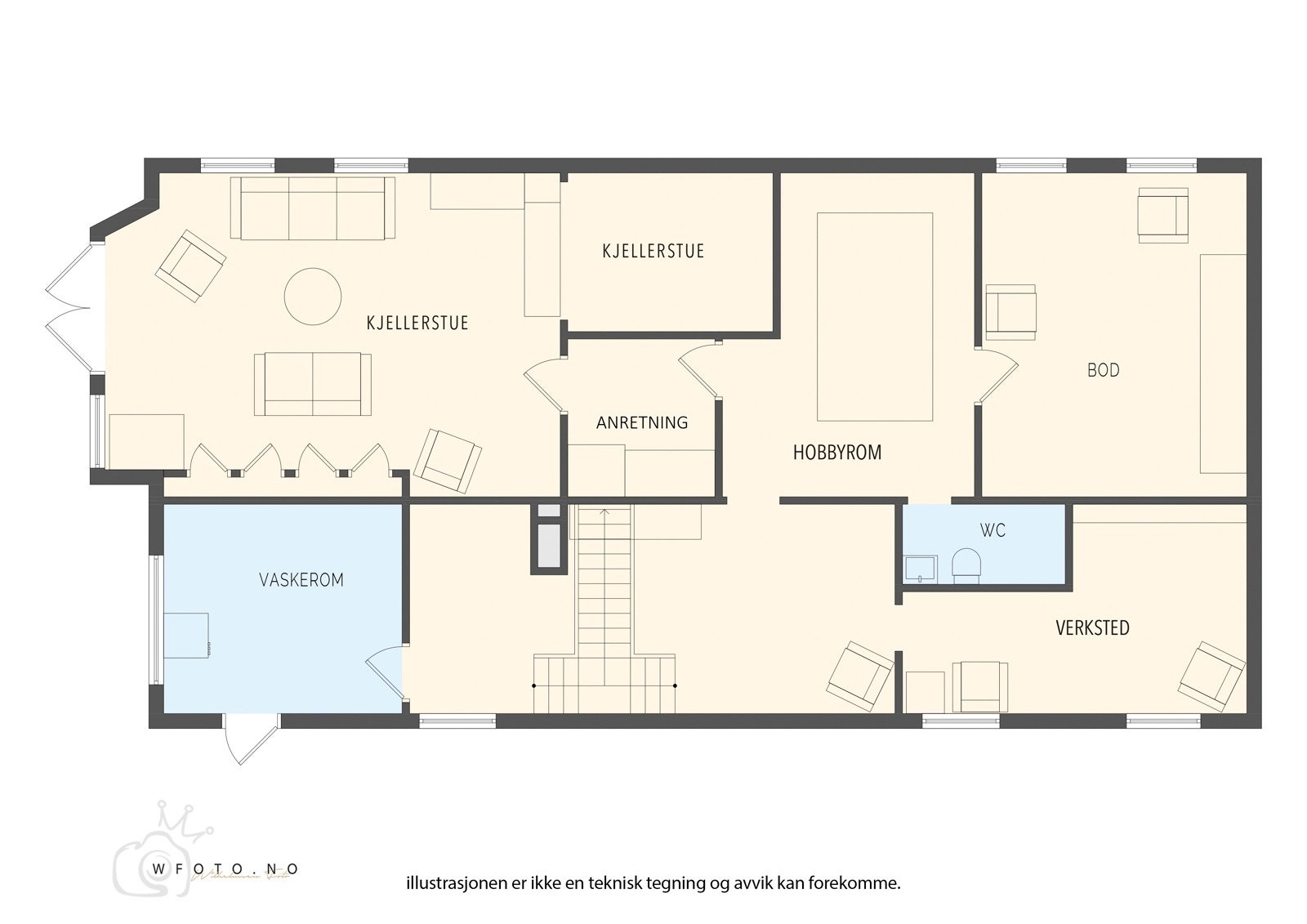 Underetasje | Fyrrom/kjellerrom/trapperom (18,3 m²), toalettrom (2,9 m²), kjellerstue (28,4 m²), sovealkove (6,5 m²), hobbyrom/kjellerrom (13,8 m²), kjellerrom (16 m²), kjellerrom 2 (11,9 m²), anretning (4,2 m²) og vaskekjeller (8,8 m²) Galleribilde