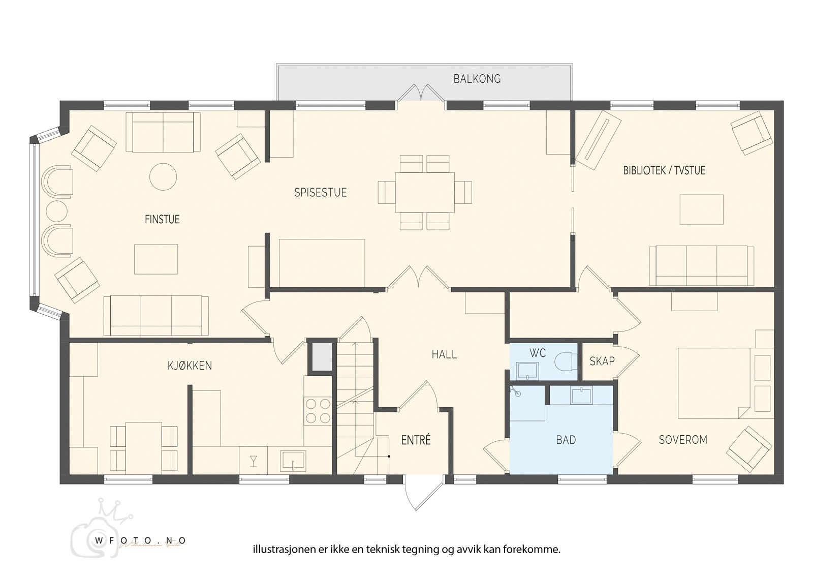 Hovedetasje | Entré (3,4 m²), hall (11,2 m²), trapperom til u-etg (1,2 m²), bad (4,1 m²), toalettrom (1,1 m²), soverom (13,6 m²), 3 stuer hhv. (24,9 m², 23,9 m² og 16,9 m²), oppholdsrom/spisestue (7,7 m²), kjøkken (8,4 m²), bod (2,3 m²) & kott (0,5 m²) Galleribilde