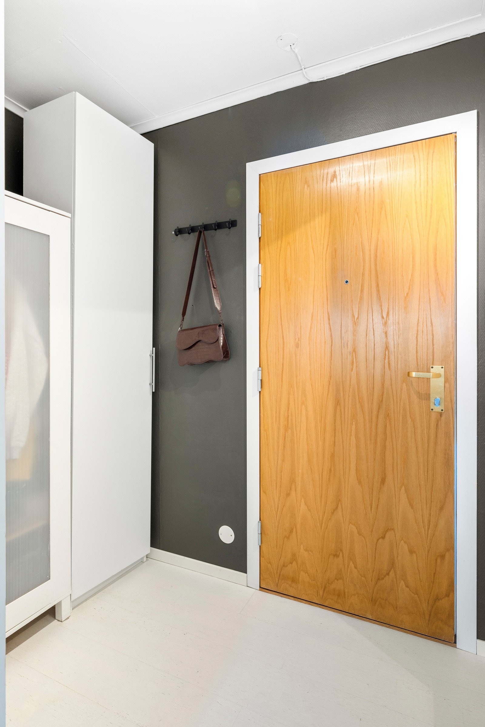 Entrèen har lysmalte gulv, malte overflater i fargen "elegant" og god plass til garderobe. Galleribilde
