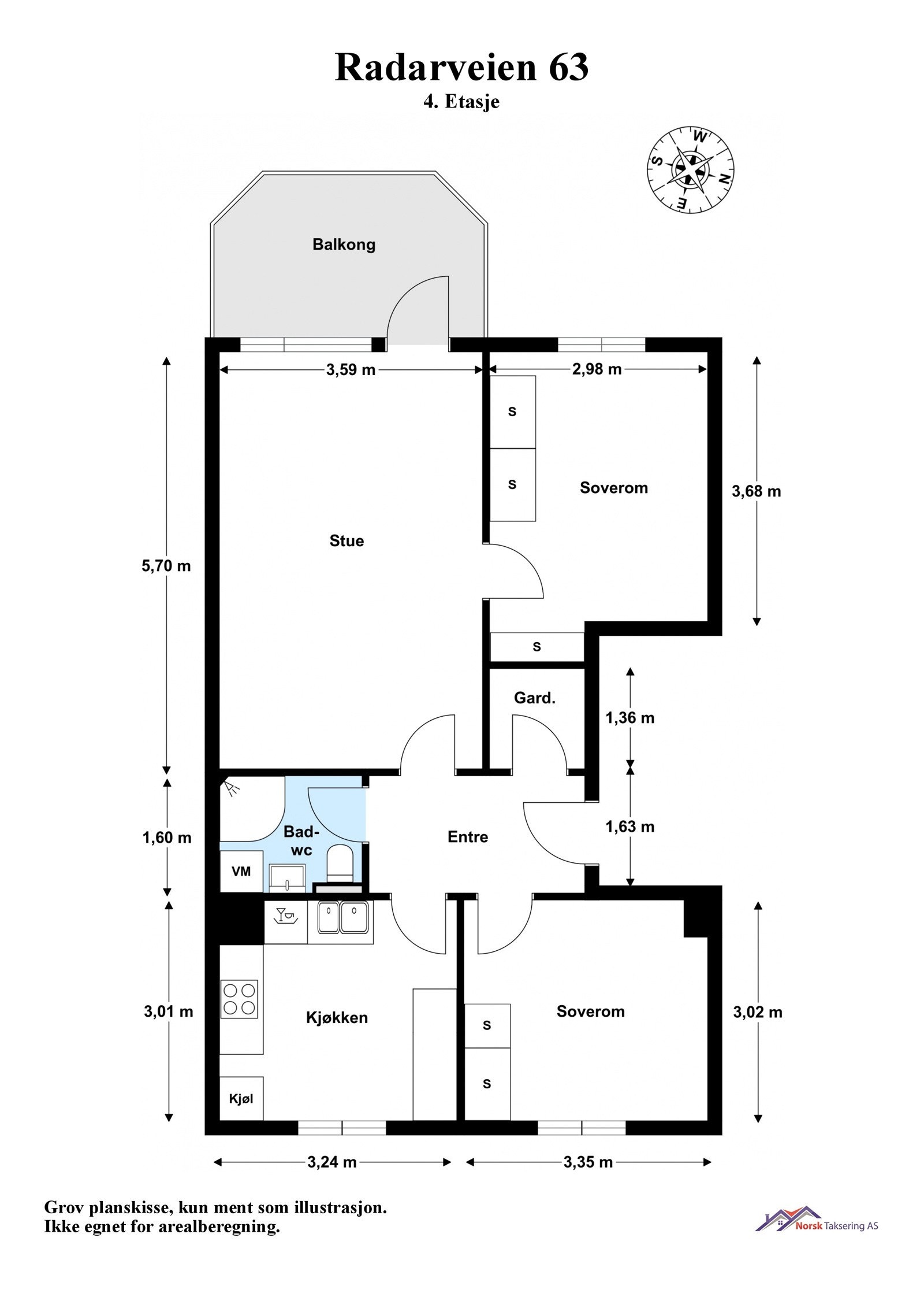 Planskisse. Utover overnevnte areal disponerer leiligheten loftsbod med gulvareal på ca. 9 m² og kjellerbod på 4 m². Galleribilde