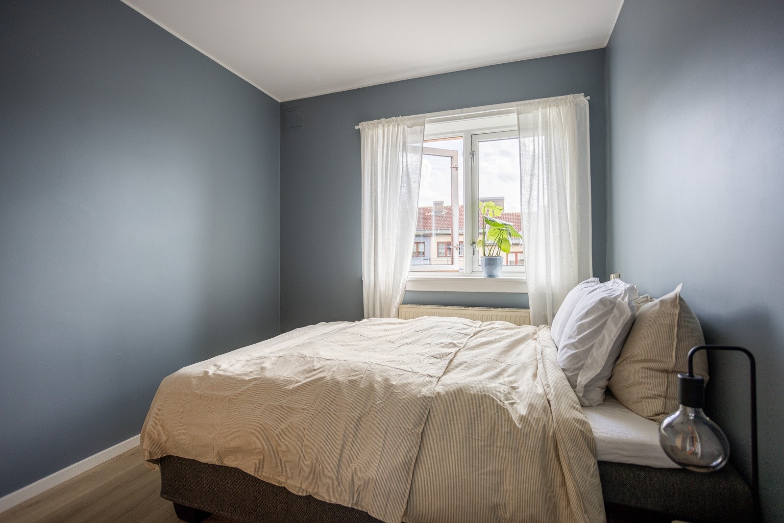 Lunt og tiltalende soverom som er malt i en behagelig farge. Galleribilde