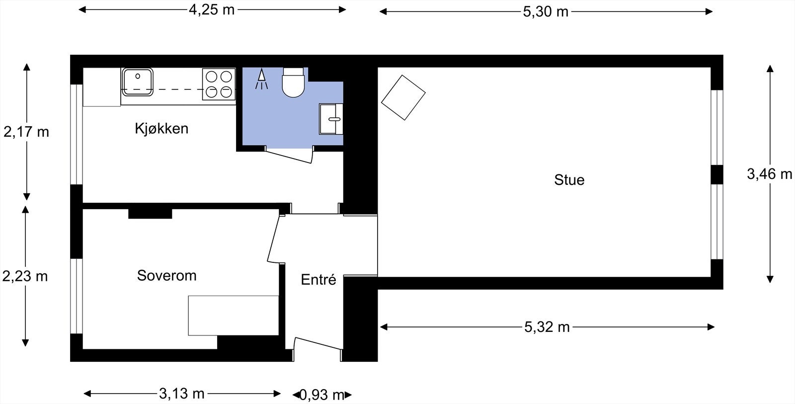 Plantegning fa takstmann. Leiligheten inneholder entré, stue, kjøkken, soverom og bad. utvendig bod for lagring følger i tillegg. Galleribilde