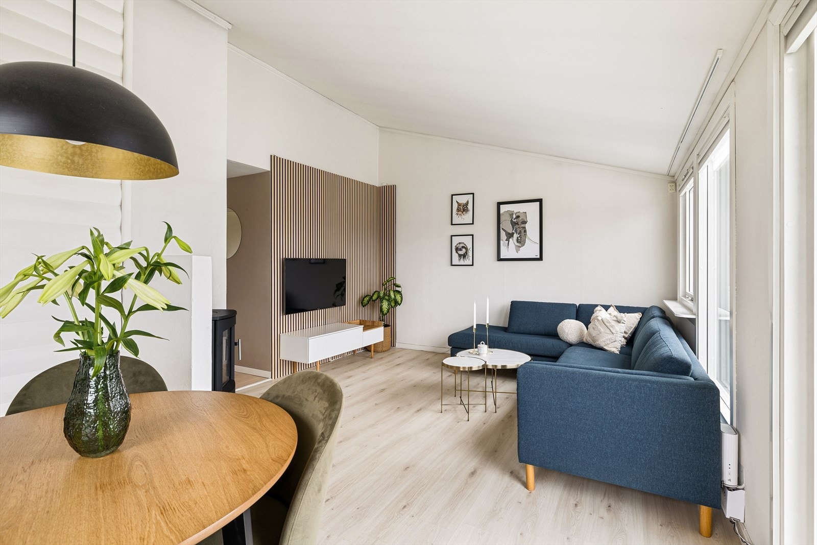 Det er montert en flott og dekorativ spilevegg i stuen. Galleribilde