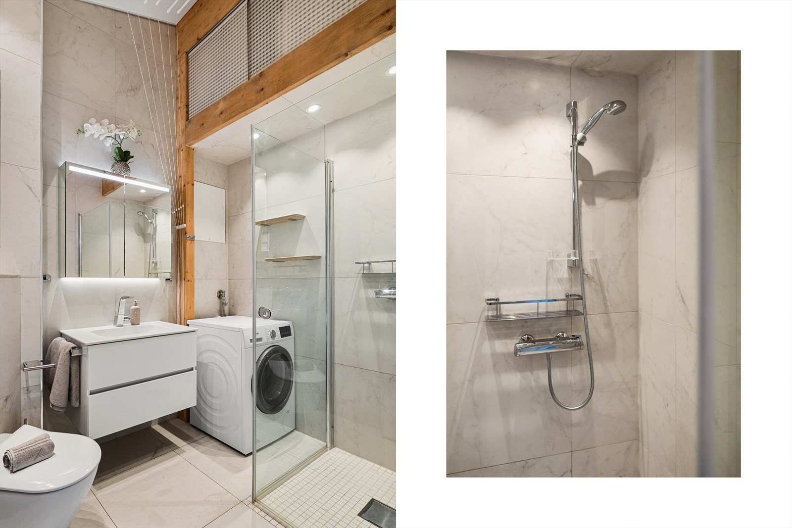 Badet er innredet med dusj med glassvegger, vegghengt toalett, opplegg for vaskemaskin og baderomsinnredning med over- og underskap. Galleribilde