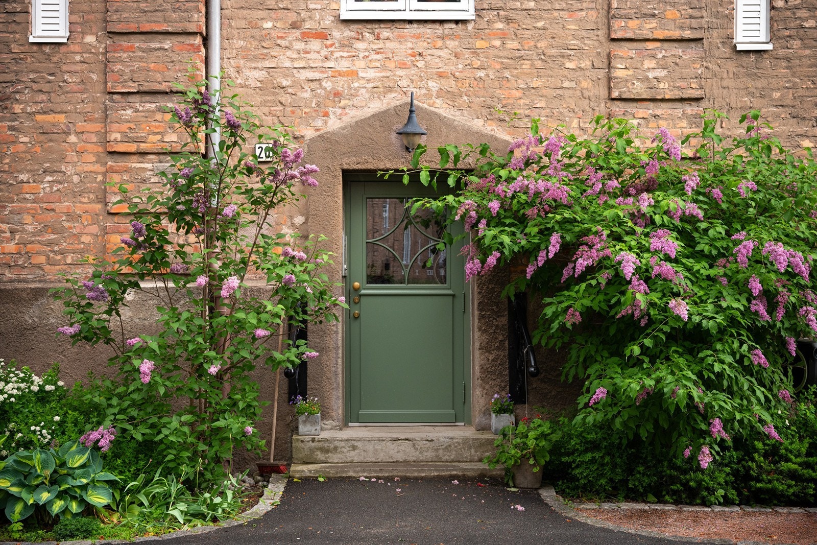 Pent og innbydende inngangsparti omkranset av syriner. Galleribilde