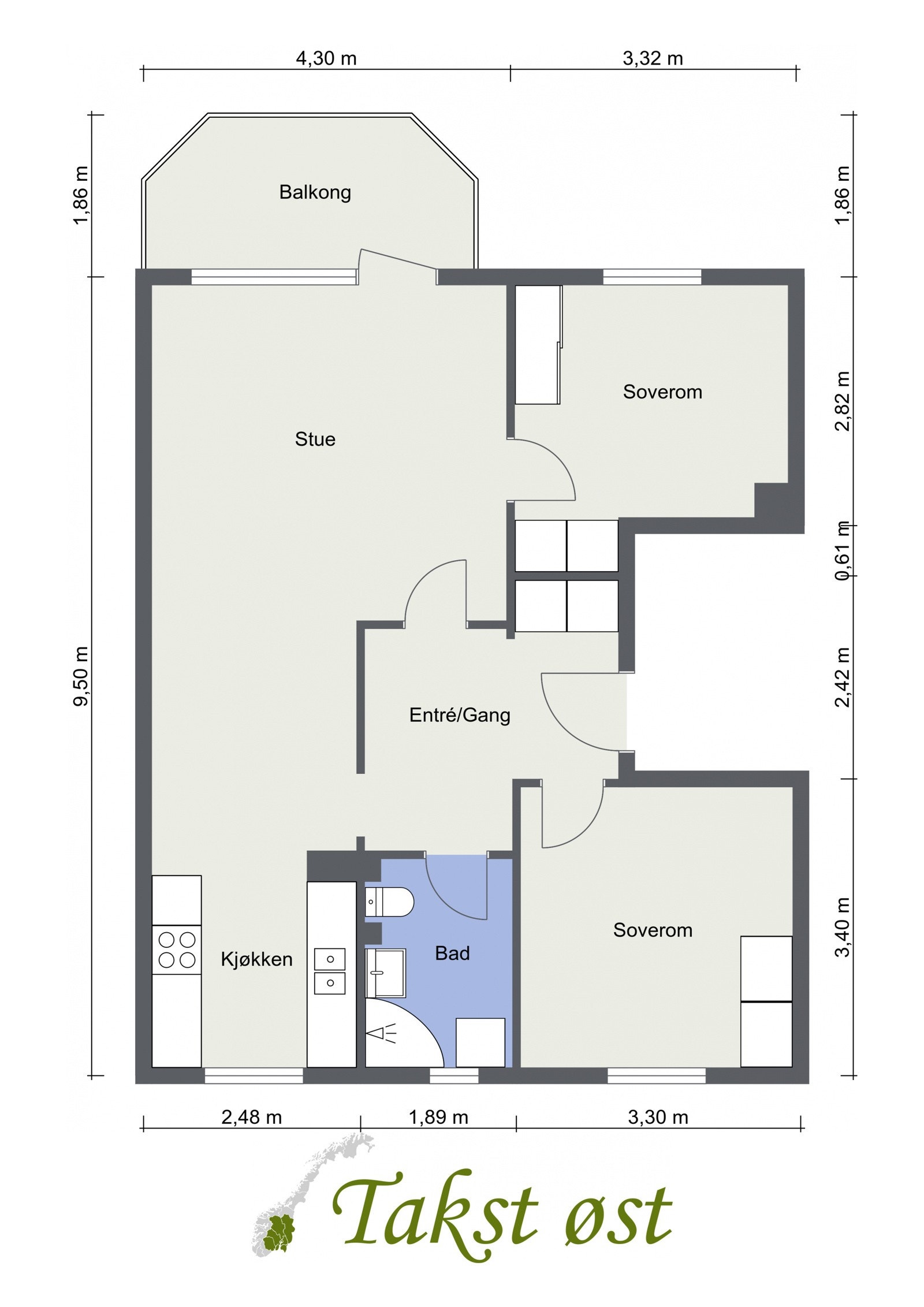 Vi kjører på med leilighetens planskisse med én gang, slik at du får orientert deg litt - avvik kan forekomme. Galleribilde