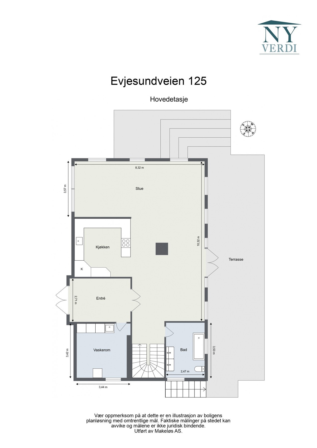 Hovedetasje: Entré, trapperom, bad, vaskerom, stue/kjøkken og spisestue. Galleribilde