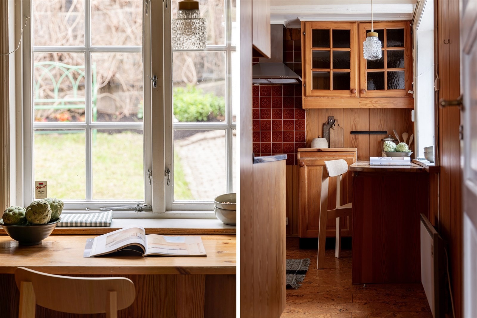 Kjøkkenet har en eldre innredning med profilerte fronter og heltre benkeplate. Servant nedfelt i innredning. Galleribilde