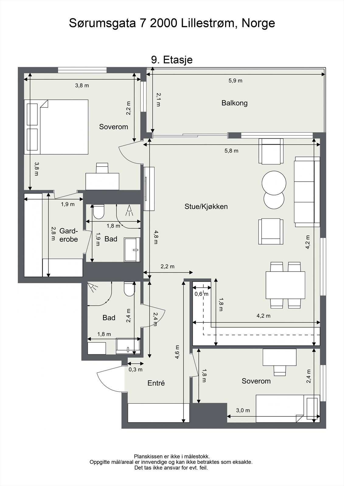 Planskisse. Leiligheten disponerer i tillegg en bod samt en parkeringsplass i kjeller. Galleribilde