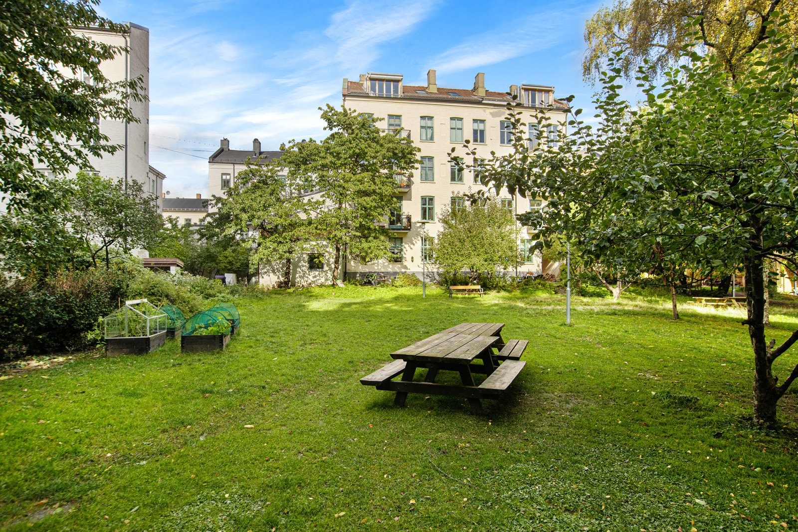 Dette er et lukket kvartal med felles bakhage med sittegrupper og variert beplantning. Galleribilde