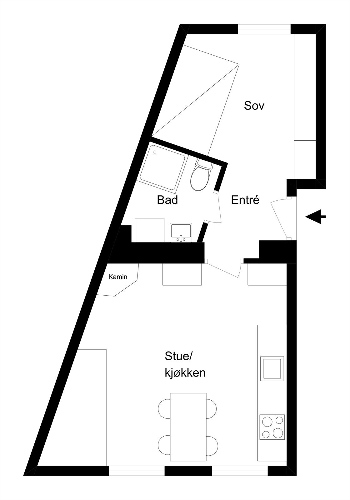 Mulighet for å bygge om til 2-roms - Alternativ plantegning Galleribilde