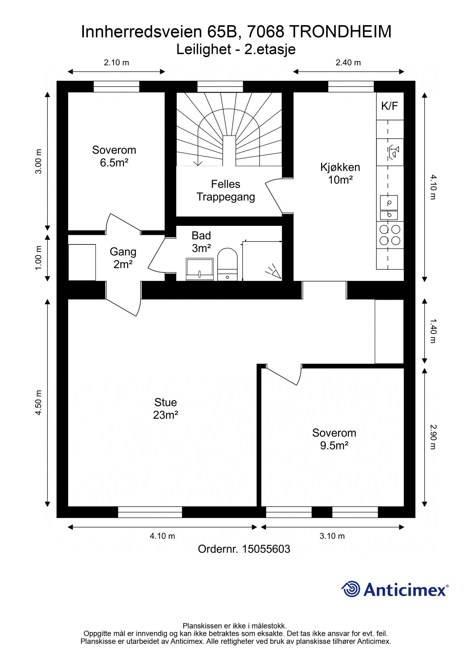 Planskisse - Leiligheten ligger i byggets 2.etg, og er innredet med stue, kjøkken, to soverom, gang og bad. Galleribilde